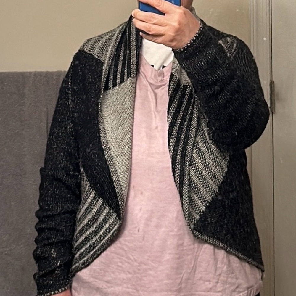 CAbi #483 Patchwork Black Gray Open Front Shawl C… - image 4